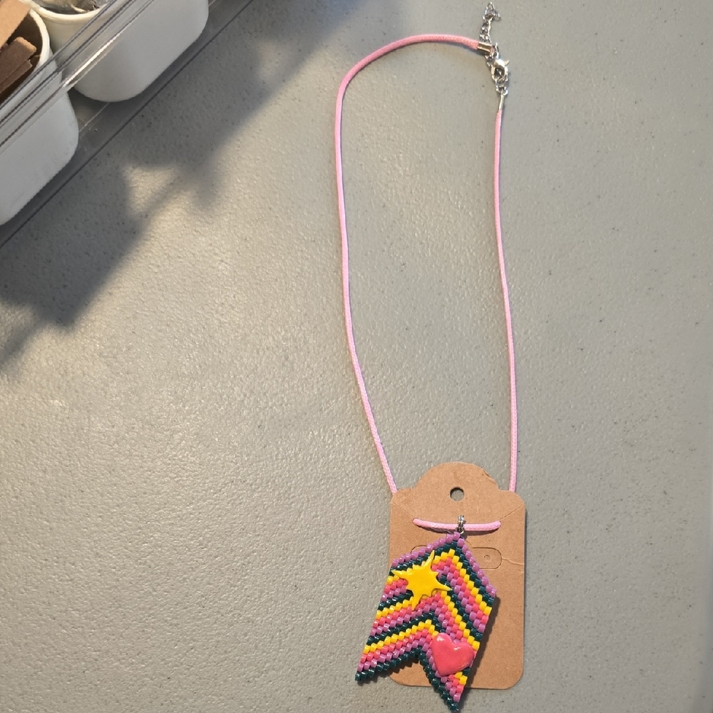 Zigzag Beaded Pendant Necklace with Pink Cord
